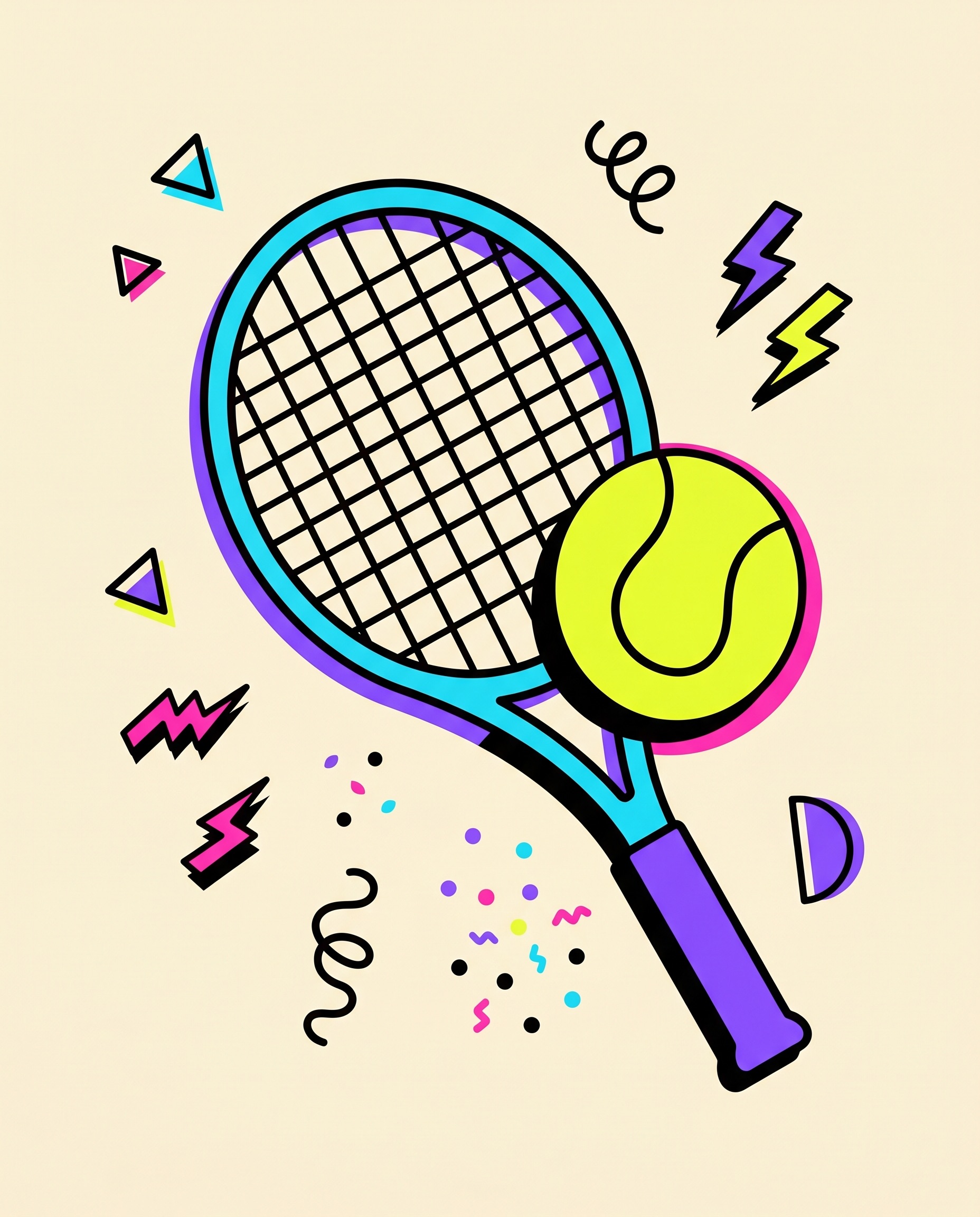 Bold 1980s Memphis-style illustration of a tennis racket crossed with a tennis ball, surrounded by neon geometric shapes.